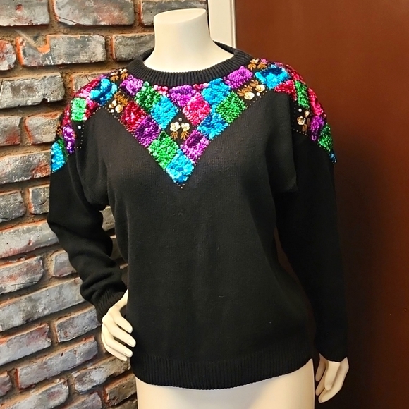 Jessica Steven's Crew Neck Sequins Long Sleeve Black Sweater Colorful - Picture 3 of 7